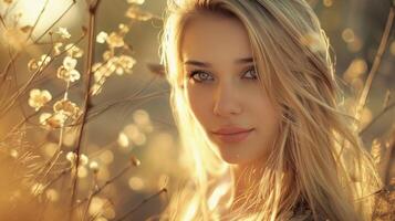 beautiful woman with long blond hair looking photo