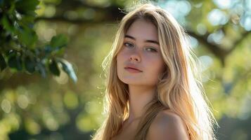 hermosa mujer con largo rubio pelo mirando foto