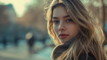 beautiful woman with long blond hair looking photo