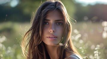 beautiful woman with long brown hair looking photo