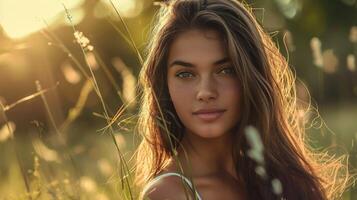 hermosa mujer con largo marrón pelo mirando foto