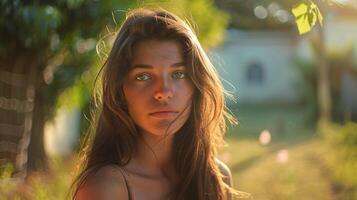 beautiful woman with long brown hair looking photo