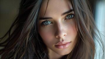 beautiful woman with long brown hair looking photo