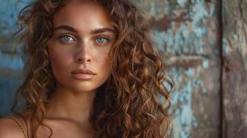 beautiful woman with long curly hair looking photo