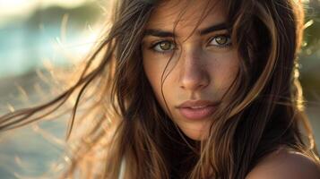 beautiful woman with long shiny brown hair looking photo