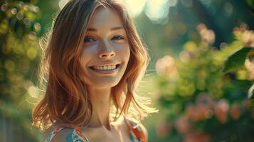 beautiful young woman in a summer dress smiling photo