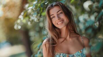 hermosa joven mujer en un verano vestir sonriente foto