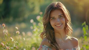 beautiful young woman in a summer dress smiling photo