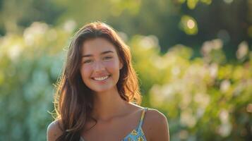 beautiful young woman in a summer dress smiling photo