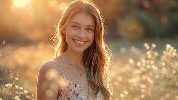 beautiful young woman in a summer dress smiling photo