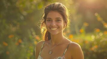 hermosa joven mujer en un verano vestir sonriente foto