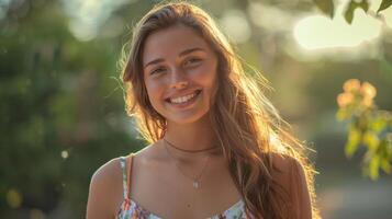 hermosa joven mujer en un verano vestir sonriente foto