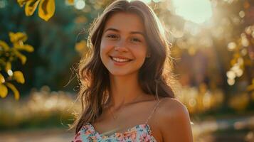 hermosa joven mujer en un verano vestir sonriente foto