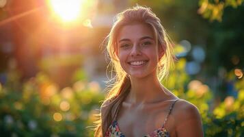 beautiful young woman in a summer dress smiling photo