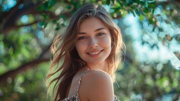 beautiful young woman in a summer dress smiling photo