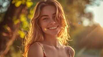 hermosa joven mujer en un verano vestir sonriente foto