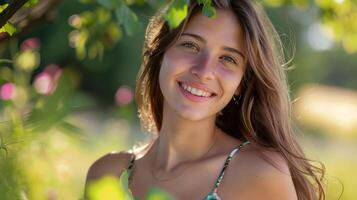 beautiful young woman in a summer dress smiling photo