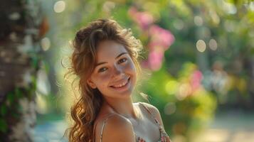 hermosa joven mujer en un verano vestir sonriente foto