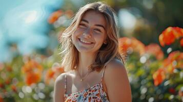 hermosa joven mujer en un verano vestir sonriente foto