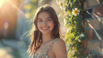 beautiful young woman in a summer dress smiling photo