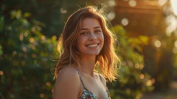 hermosa joven mujer en un verano vestir sonriente foto