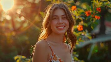 beautiful young woman in a summer dress smiling photo