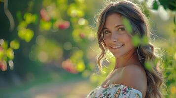 beautiful young woman in a summer dress smiling photo