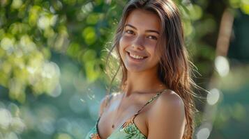 beautiful young woman in a summer dress smiling photo