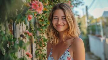 beautiful young woman in a summer dress smiling photo