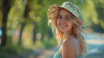 beautiful young woman in a summer dress smiling photo