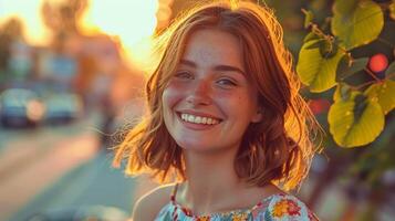 beautiful young woman in a summer dress smiling photo