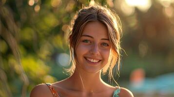 hermosa joven mujer en un verano vestir sonriente foto