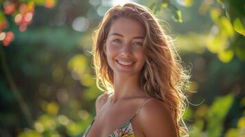 beautiful young woman in a summer dress smiling photo