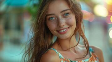 beautiful young woman in a summer dress smiling photo