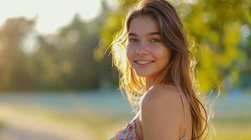 hermosa joven mujer en un verano vestir sonriente foto