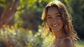 beautiful young woman in a summer dress smiling photo