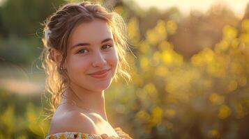 beautiful young woman in a summer dress smiling photo