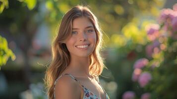 hermosa joven mujer en un verano vestir sonriente foto