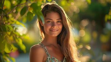 hermosa joven mujer en un verano vestir sonriente foto