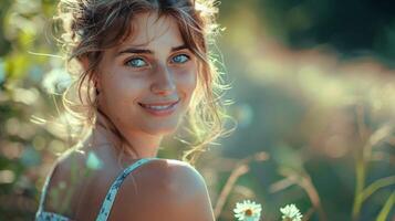 beautiful young woman in a summer dress smiling photo