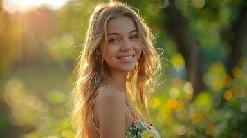 hermosa joven mujer en un verano vestir sonriente foto