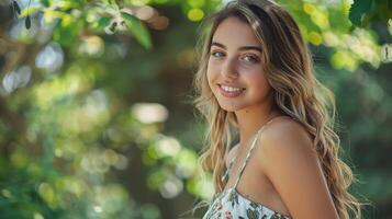 beautiful young woman in a summer dress smiling photo