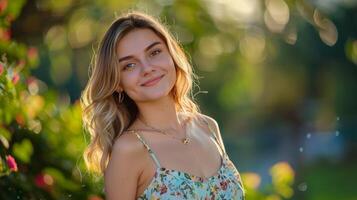 hermosa joven mujer en un verano vestir sonriente foto