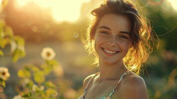 beautiful young woman in a summer dress smiling photo