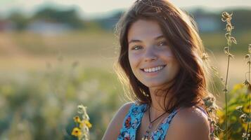 hermosa joven mujer en un verano vestir sonriente foto