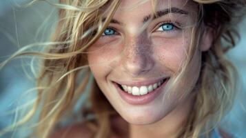 hermosa joven mujer con rubio pelo y azul foto