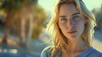 beautiful young woman with blond hair looking photo