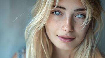 beautiful young woman with blond hair and blue photo