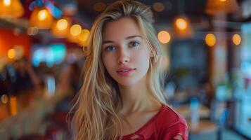 beautiful young woman with blond hair looking photo