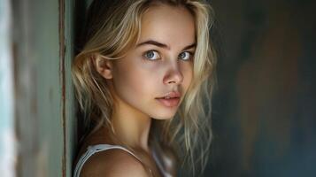 beautiful young woman with blond hair looking photo